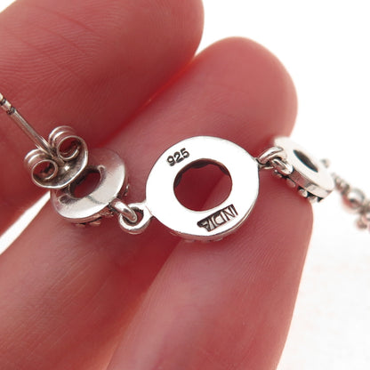 925 Sterling Silver Vintage Real Rhodonite Circle Link Oxidized Dangle Earrings