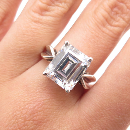 925 Sterling Silver Vintage Emerald-Cut C Z Engagement Ring Size 7