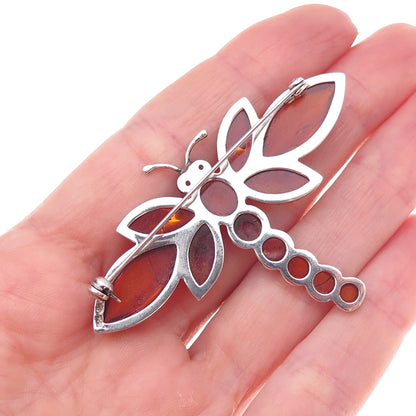 925 Sterling Silver Vintage AS Poland Real Amber Dragonfly Oxidized Pin Brooch