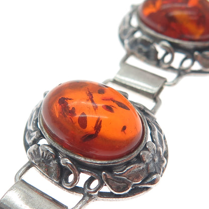 925 Sterling Silver Vintage Amber Floral Oxidized Bracelet 6.5" (missing lock)