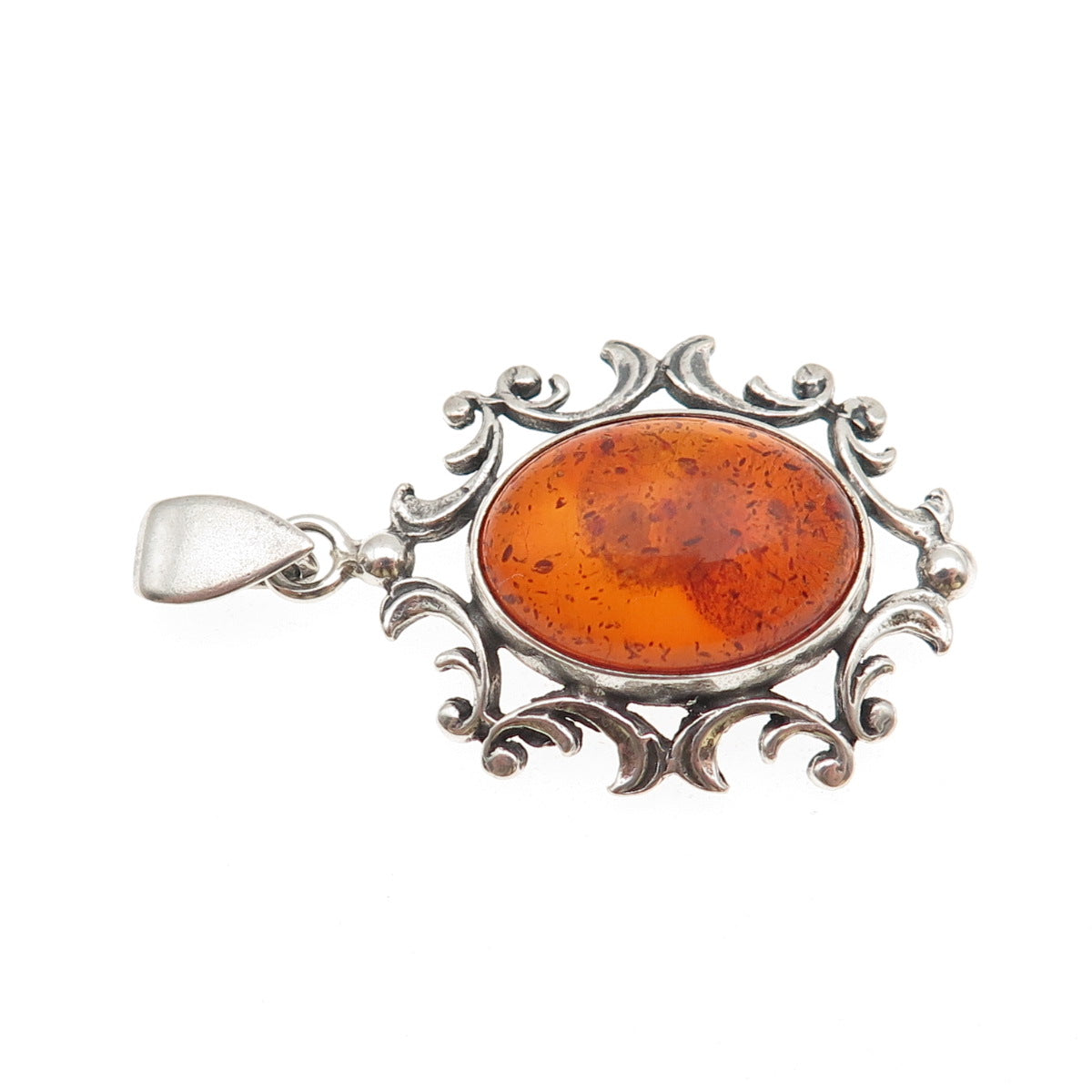 925 Sterling Silver Vintage Real Amber Modernist Floral Charm Pendant