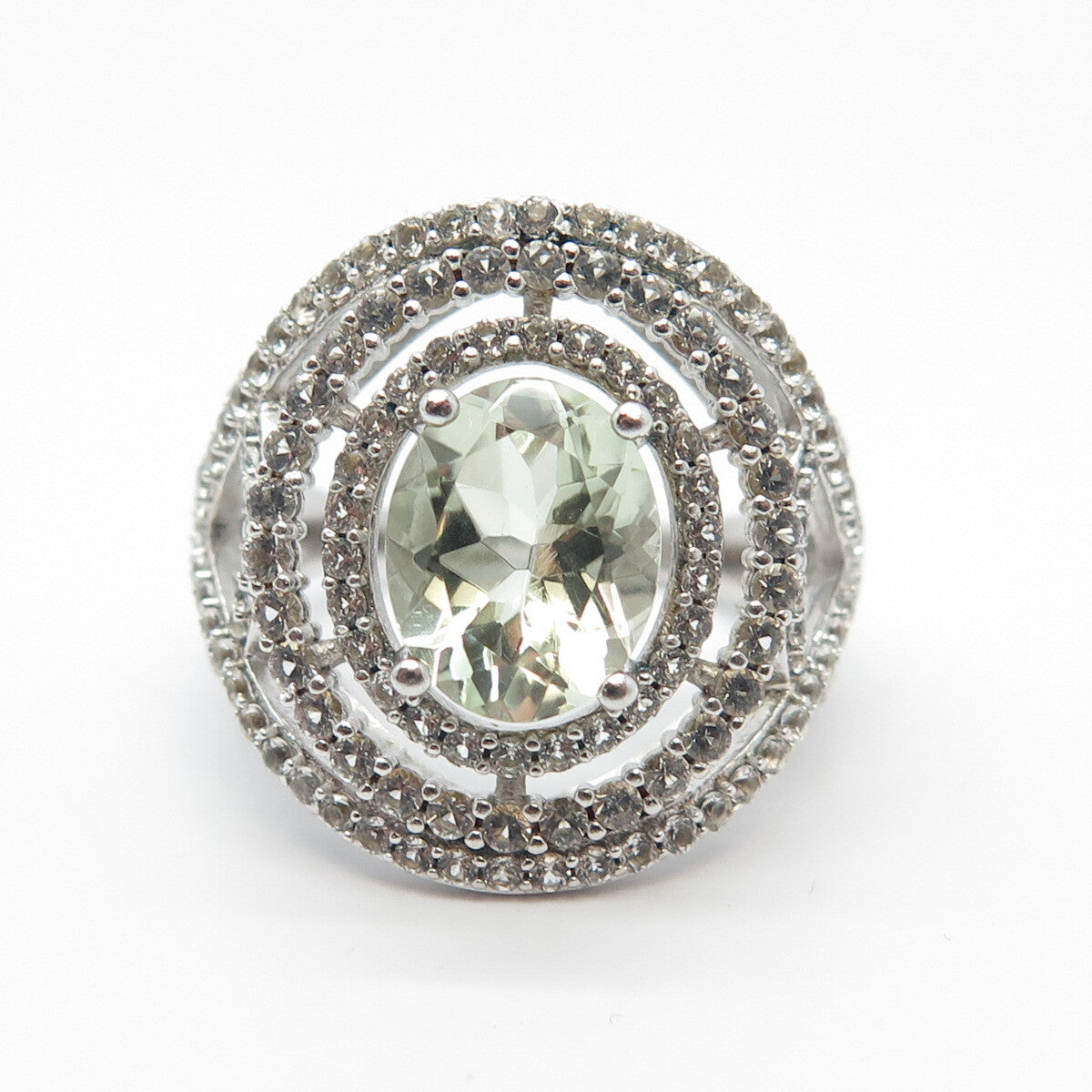925 Sterling Silver Real Green Amethyst & White Topaz Gem Ring Size 8