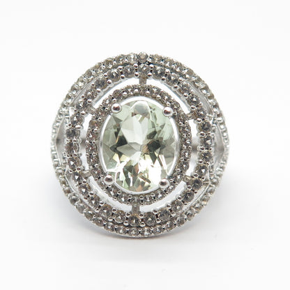 925 Sterling Silver Real Green Amethyst & White Topaz Gem Ring Size 8