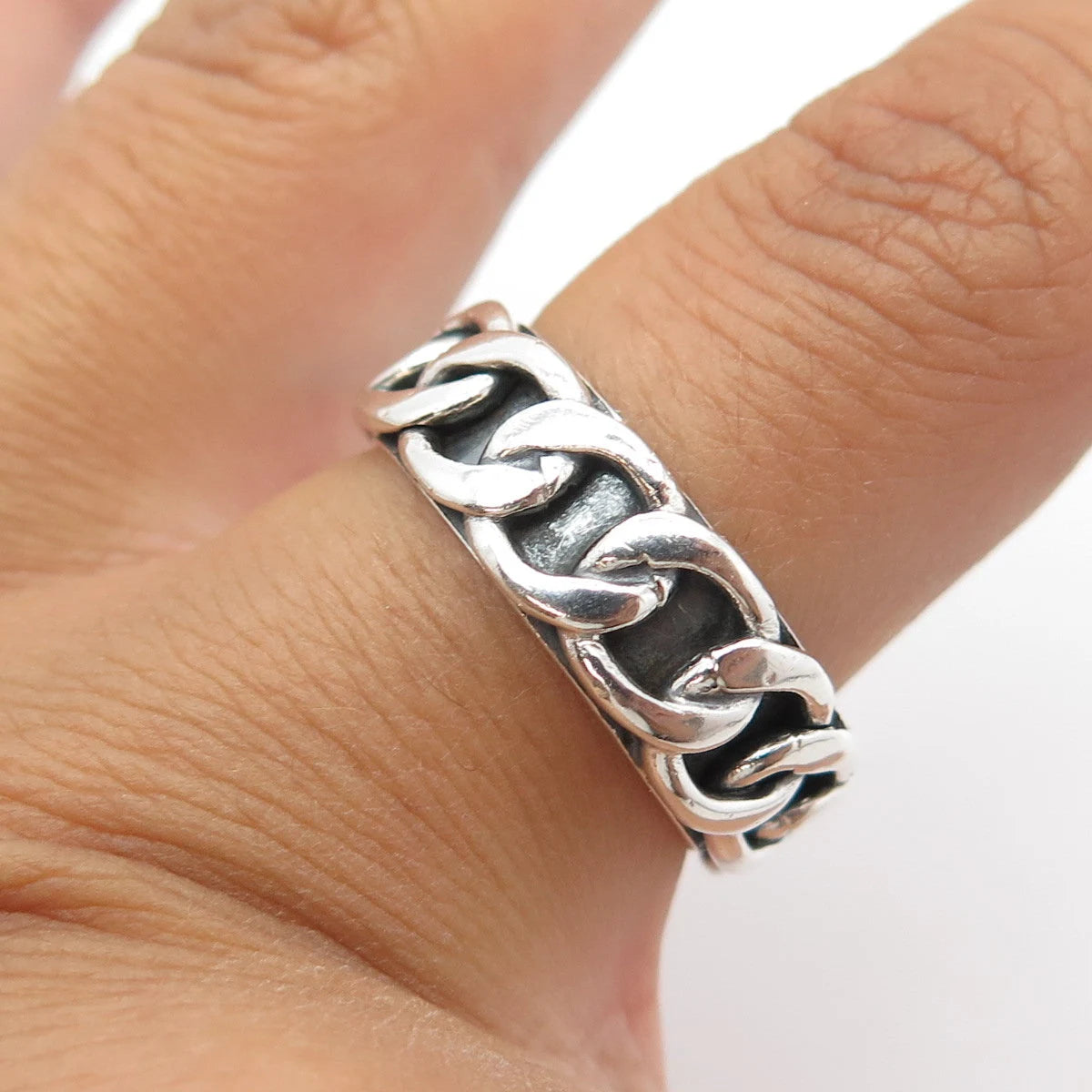 925 Sterling Silver Vintage Cable Link Style Oxidized Band Ring Size 8.75