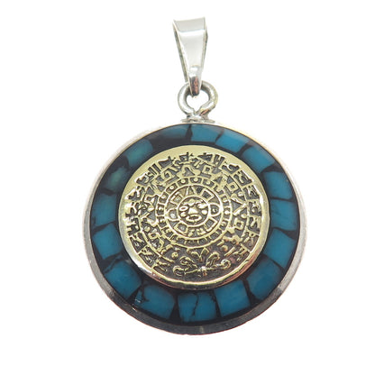 925 Sterling 2-Tone Vintage Turquoise & Abalone Shell Mayan Calendar Pendant