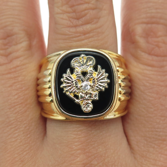 NLP TNC INC Sterling Gold Plated Vintage Onyx & C Z Coat of Arms Ring Size 9.75