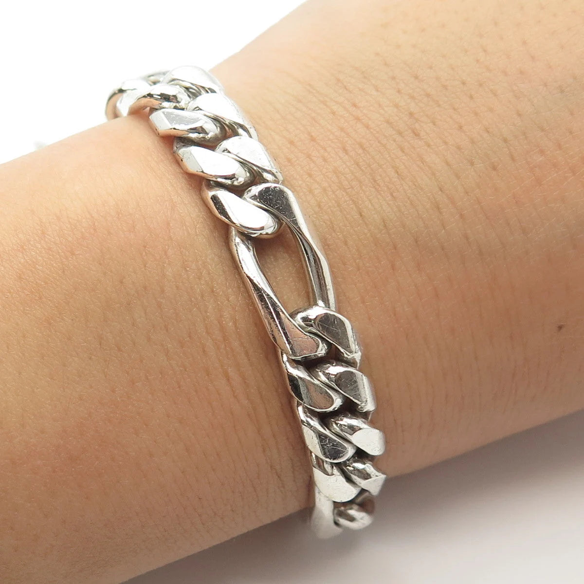 925 Sterling Silver Vintage Mexico Figaro Link Bracelet 8.5"