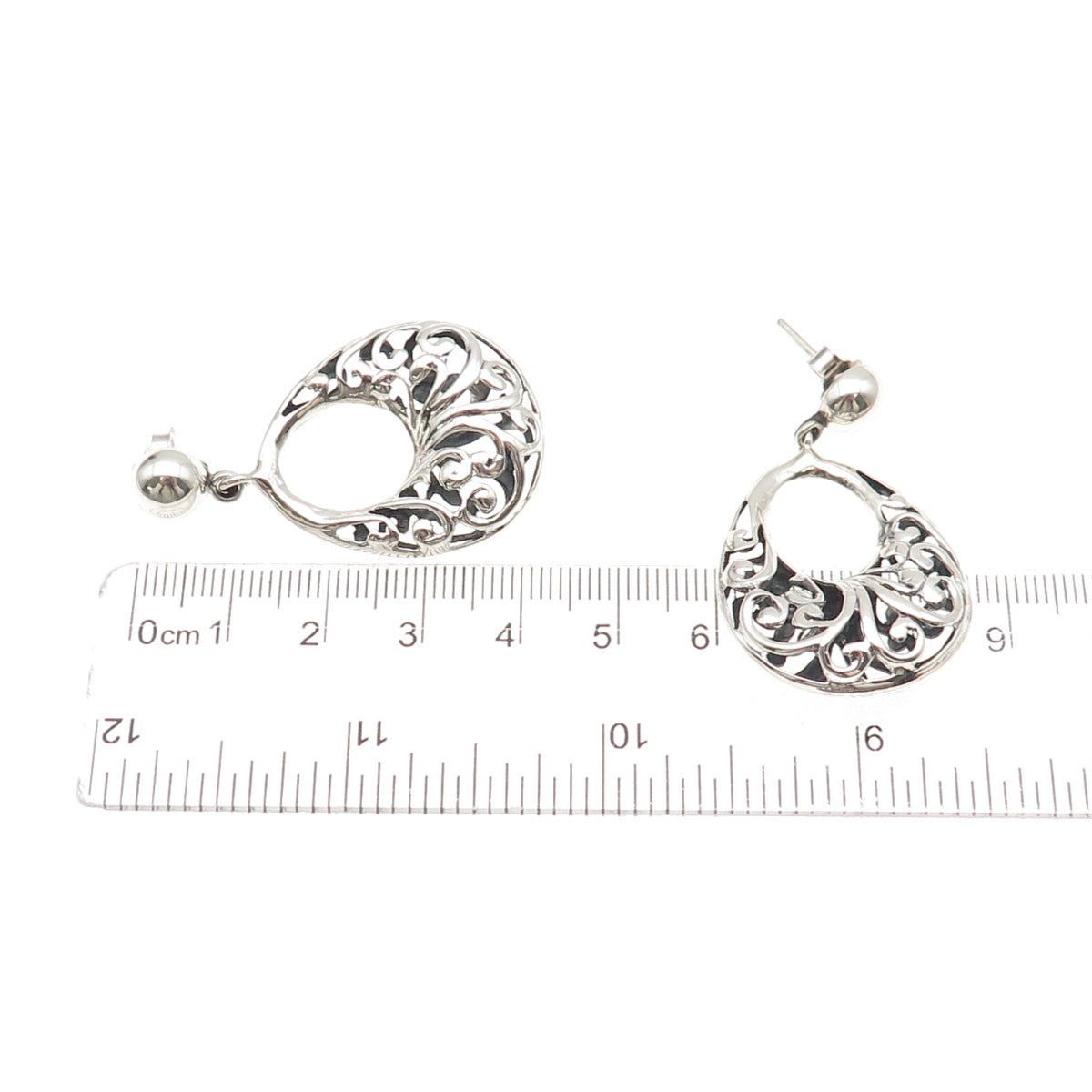925 Sterling Silver Vintage Floral Crescent Teardrop Dangle Earrings