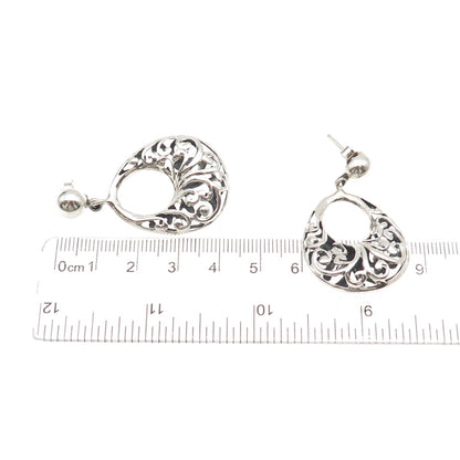 925 Sterling Silver Vintage Floral Crescent Teardrop Dangle Earrings