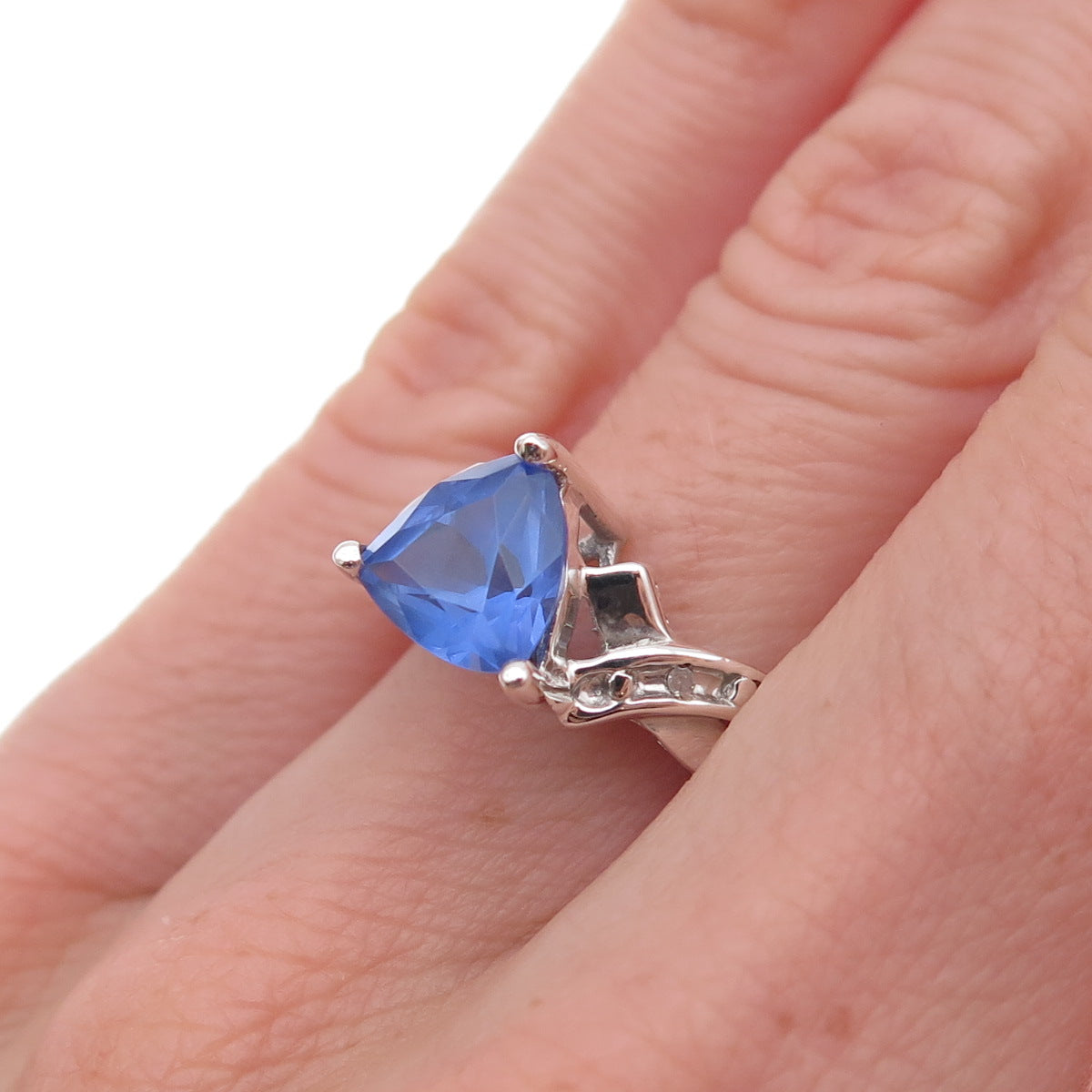925 Sterling Silver Real Diamond & Iolite Love Oxidized Ring Size 5
