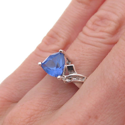 925 Sterling Silver Real Diamond & Iolite Love Oxidized Ring Size 5