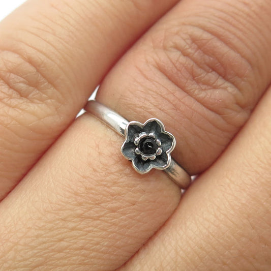 925 Sterling Silver Vintage Black Spinel Floral Blossom Ring Size 5.25