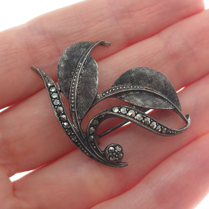 925 Sterling Silver Antique Germany Real Marcasite Floral Leaf Oxidized Brooch