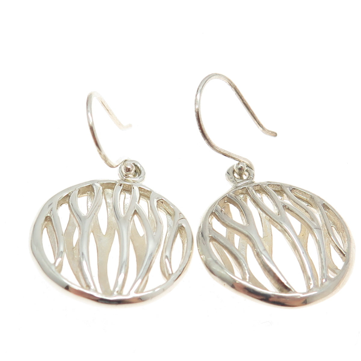 925 Sterling Silver Modernist Wavy Round Dangling Earrings