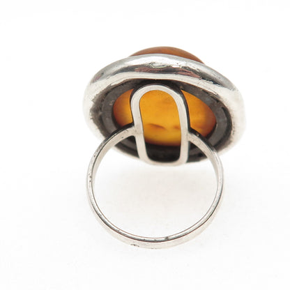 925 Sterling Silver Vintage EK Poland Real Amber Modernist Ring Size 6.75
