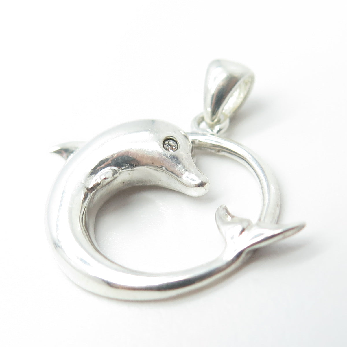 925 Sterling Silver Vintage Rhinestone Friendly Dolphin Pendant