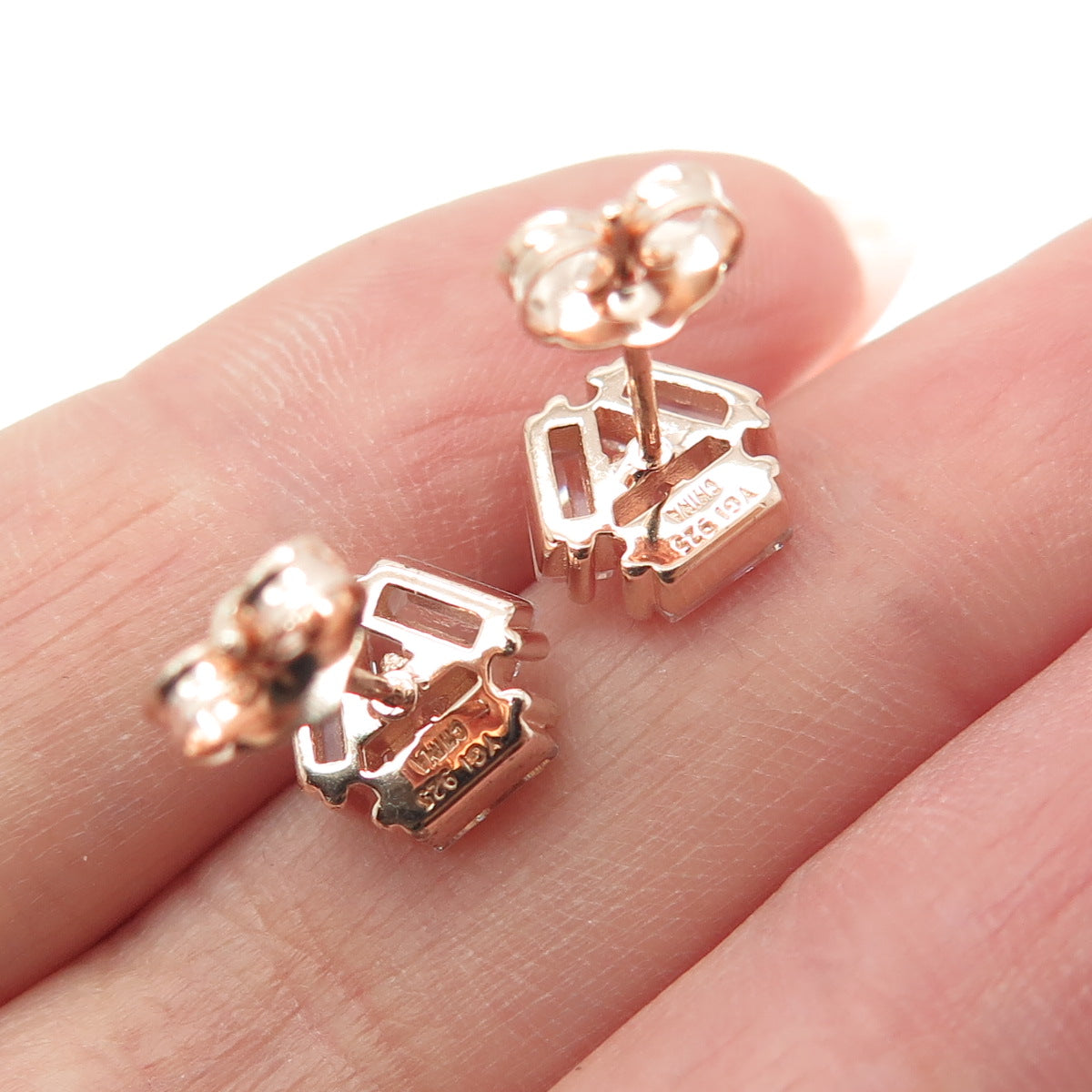 925 Sterling Silver Rose Gold Plated Baguette & Round-Cut C Z Stud Earrings