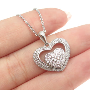 925 Sterling Silver Round-Cut C Z Double Heart Cable Chain Necklace 16"