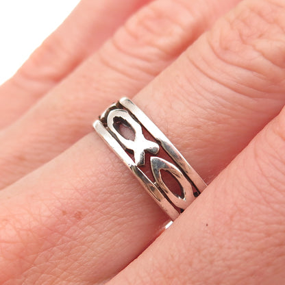 925 Sterling Silver Vintage Ichthys Oxidized Band Ring Size 8