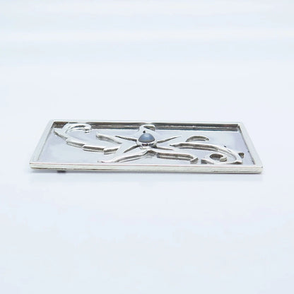925 Sterling Silver Vintage Rectangle Floral Pin Brooch