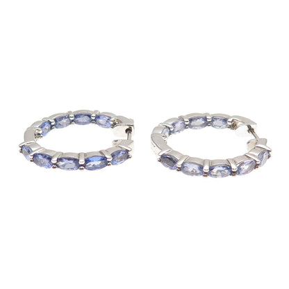 925 Sterling Silver Real Oval-Cut Tanzanite In & Out Hoop Earrings