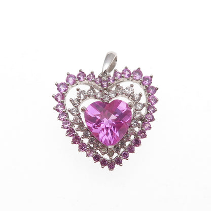 925 Sterling Silver Real Pink & White Topaz Heart Charm Pendant