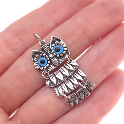 925 Sterling Silver Vintage Glass Wise Owl Articulated Charm Pendant