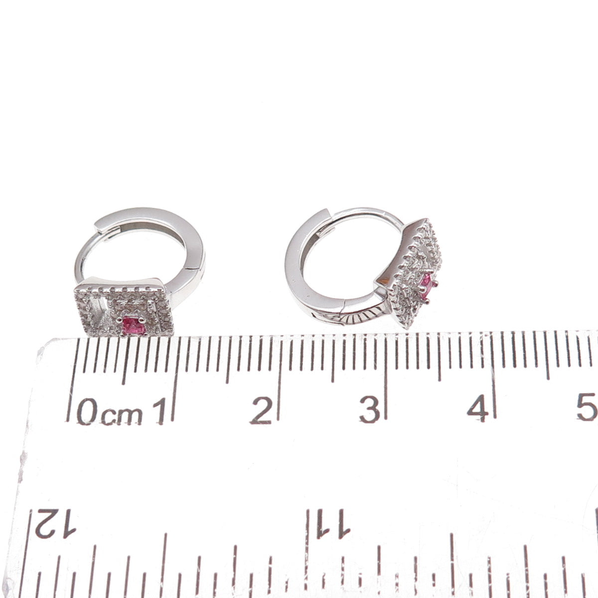 925 Sterling Silver Pink & White C Z Hoop Earrings