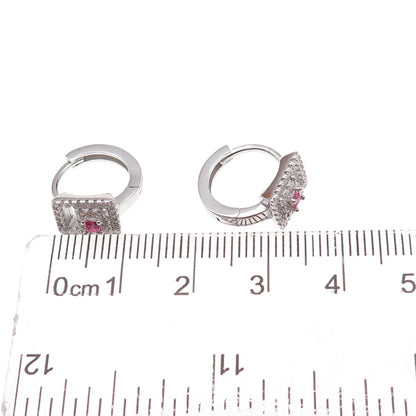 925 Sterling Silver Pink & White C Z Hoop Earrings
