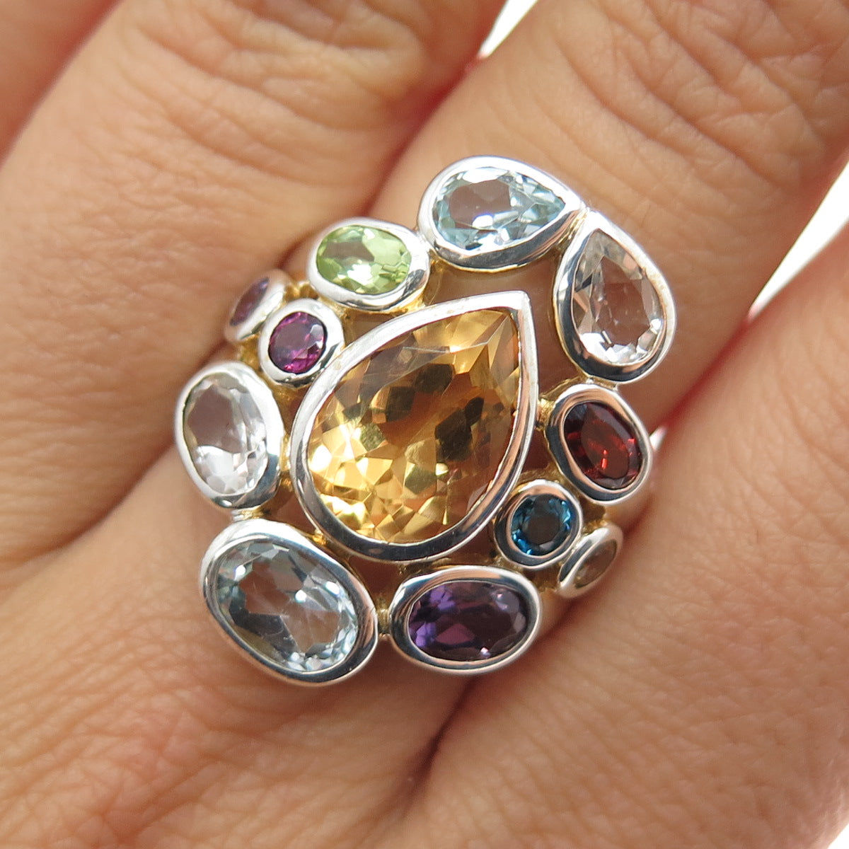 FADI Sterling Vintage Real Topaz Peridot Garnet Amethyst Citrine Ring Size 7.25