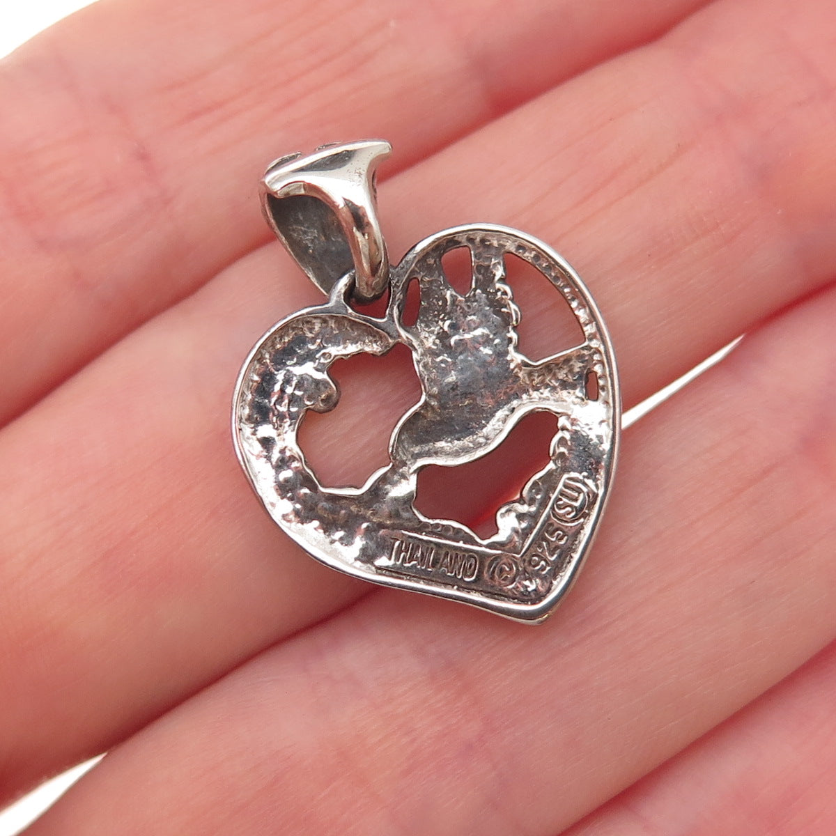 925 Sterling Silver Vintage Hummingbird Heart Oxidized Charm Pendant