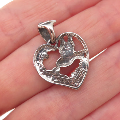 925 Sterling Silver Vintage Hummingbird Heart Oxidized Charm Pendant