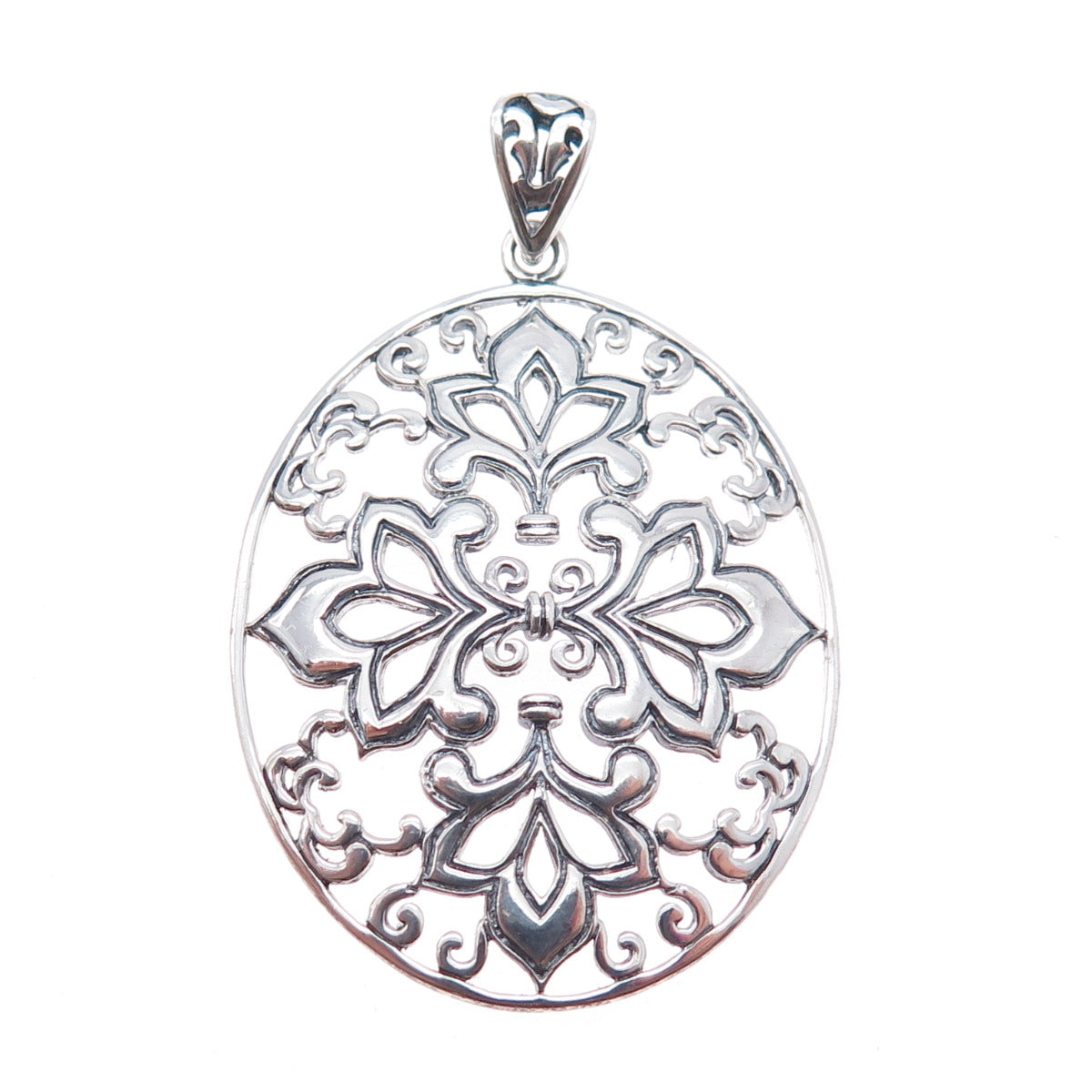 925 Sterling Silver Vintage Floral Oxidized Pendant