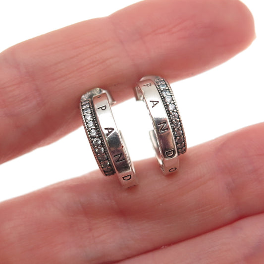 Pandora 925 Sterling Silver Round-Cut C Z Logo & Hearts Hoop Earrings
