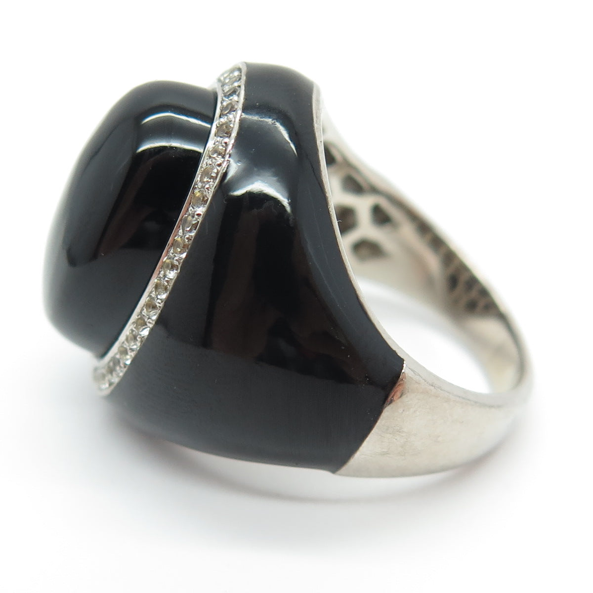 925 Sterling Silver Enamel Real Black Onyx & White Topaz Ring Size 7.25