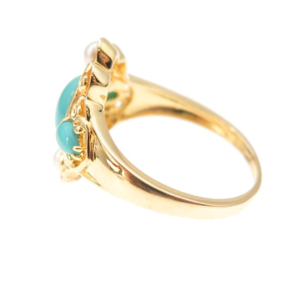 925 Sterling Silver Gold Plated Real Turquoise & Pearl Floral Ring Size 10