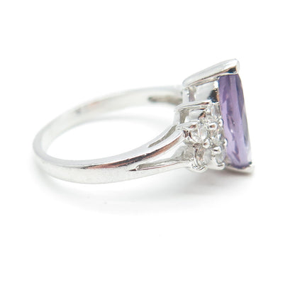 925 Sterling Silver Vintage Real Marquise-Cut Amethyst & White C Z Ring Size 7