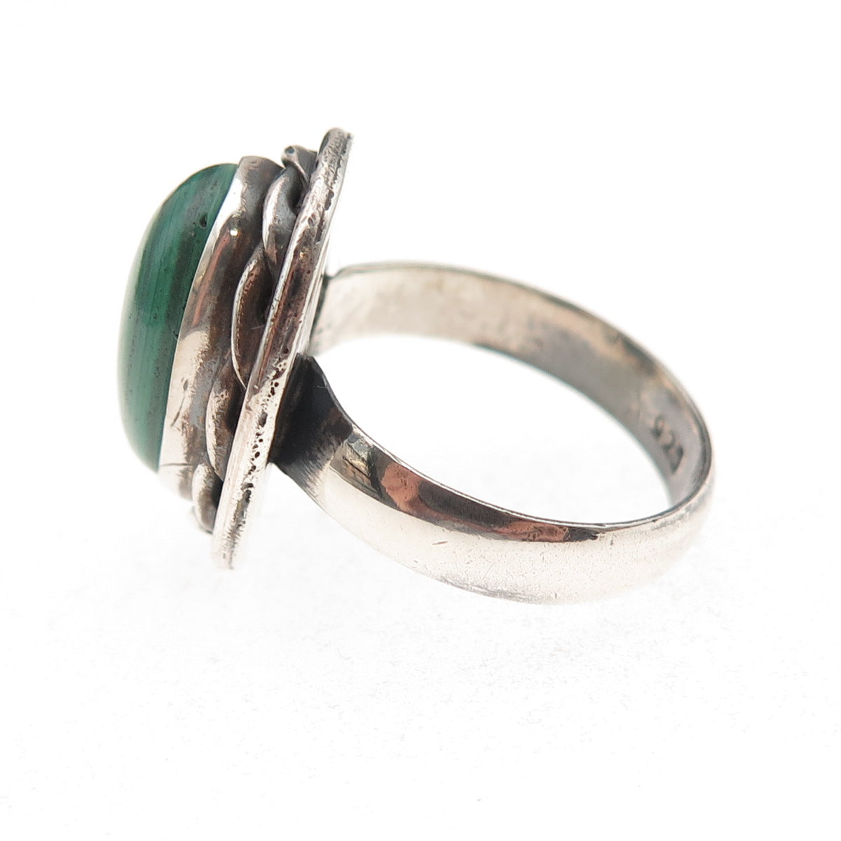 925 Sterling Silver Vintage Real Malachite Modernist Oxidized Ring Size 7.75