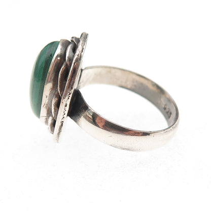 925 Sterling Silver Vintage Real Malachite Modernist Oxidized Ring Size 7.75