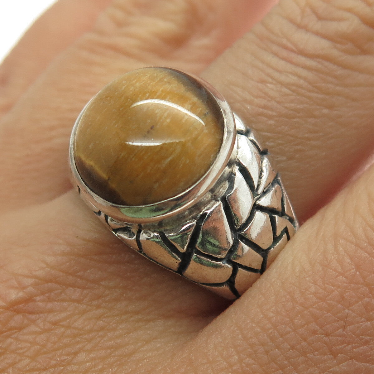 925 Sterling Silver Vintage Real Tiger Eye Gemstone Nugget Ring Size 11.75