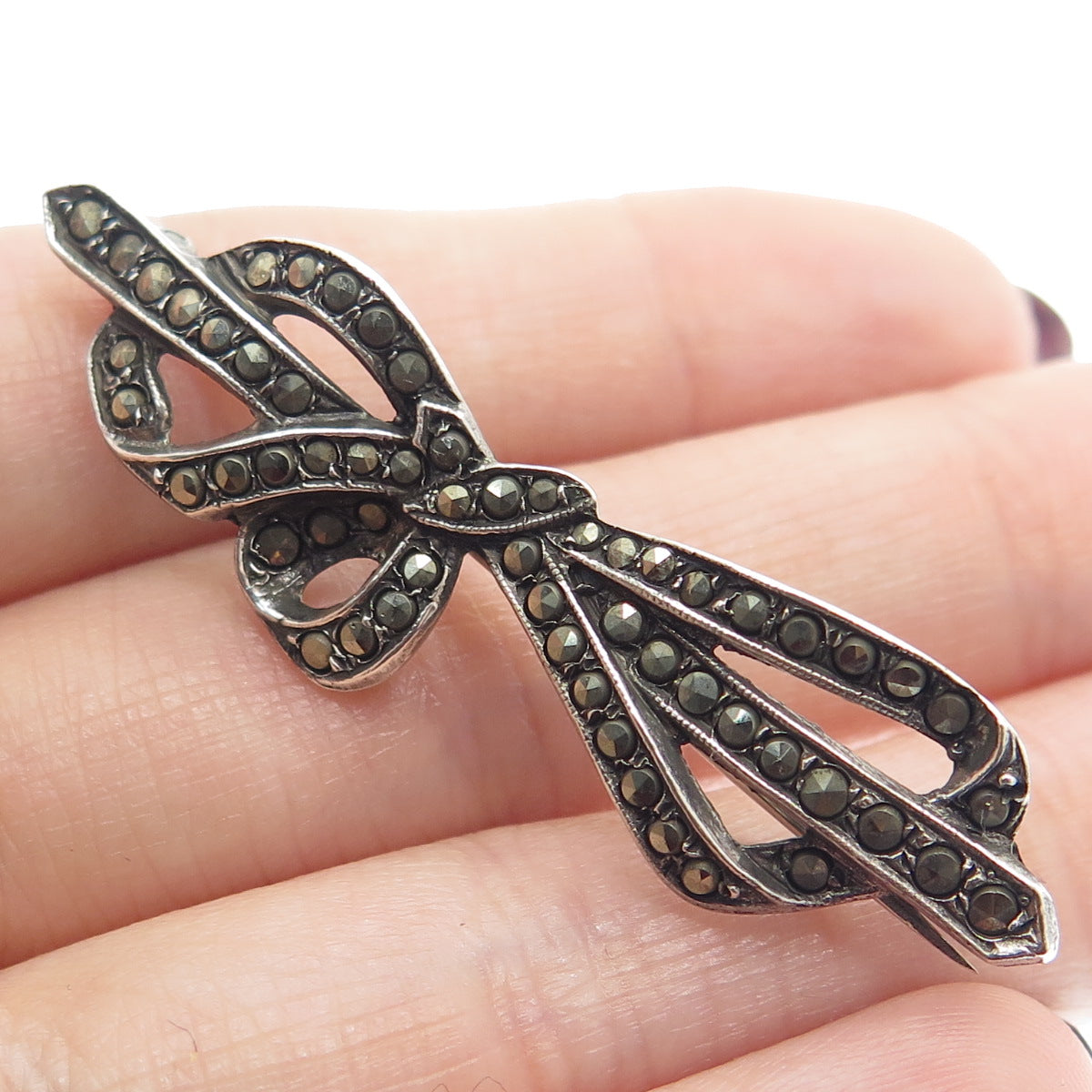 925 Sterling Silver Antique Art Deco Real Marcasite Gemstone Bow Pin Brooch