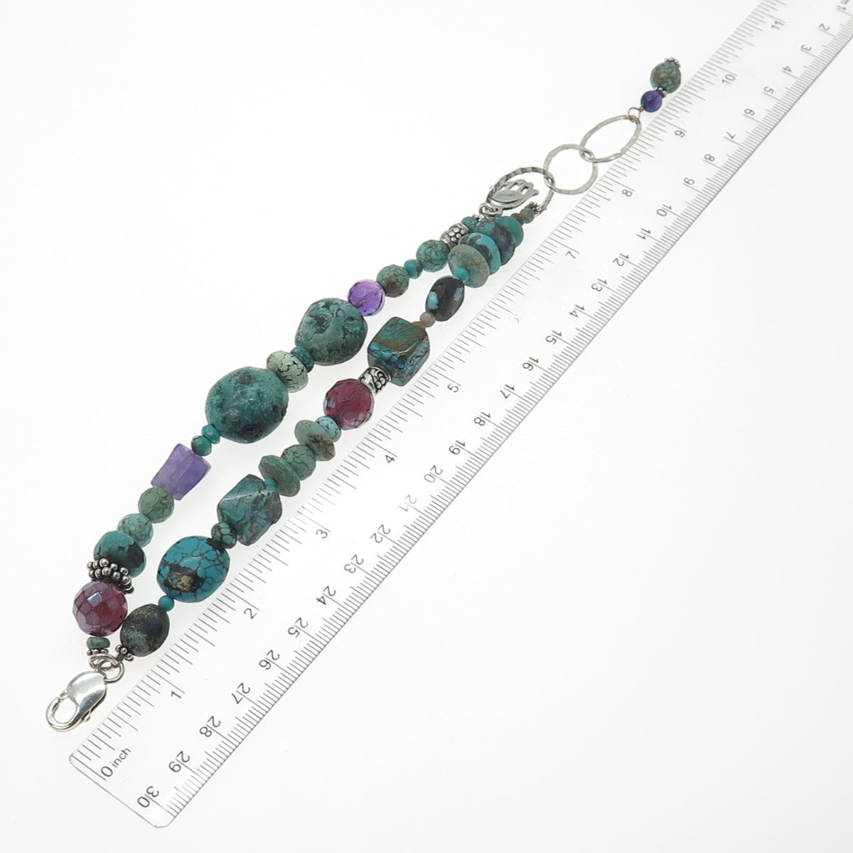 925 Sterling Vintage Turquoise Amethyst & Crystal Beaded Hamsa Bracelet 7-8.25"