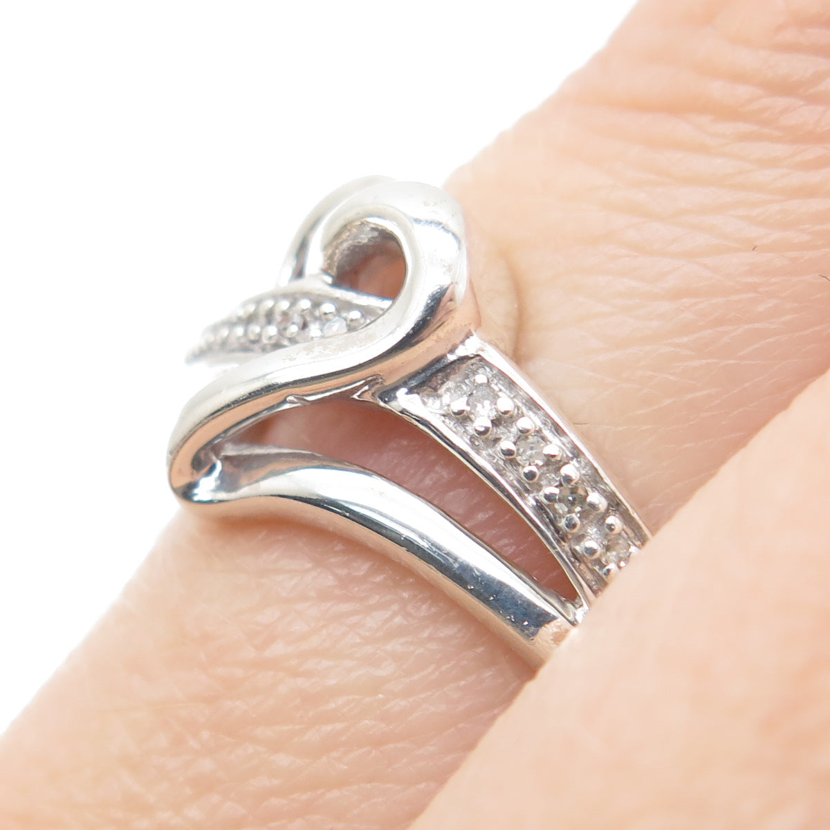 925 Sterling Silver Real Round-Cut Diamond Heart Ring Size 7