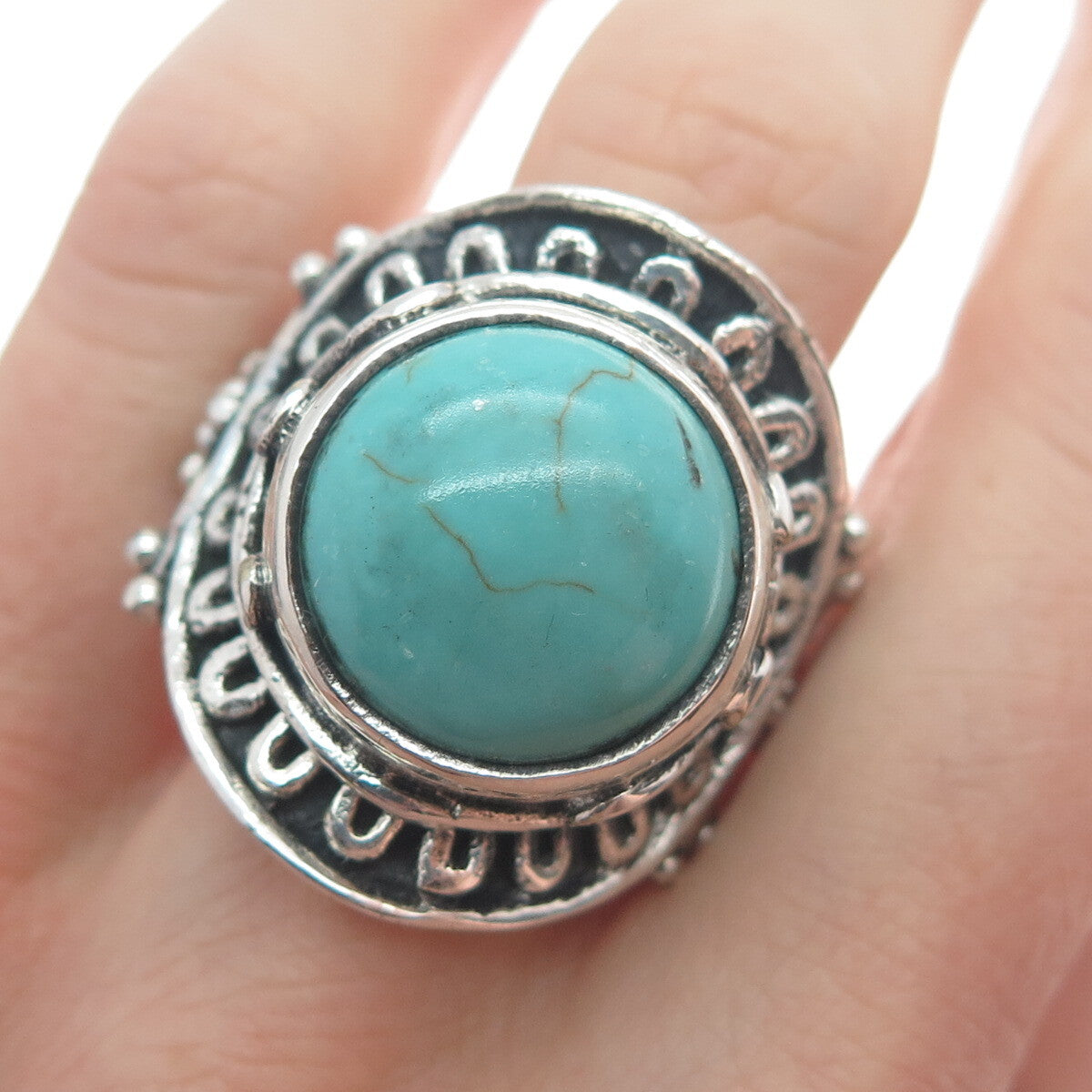 925 Sterling Silver Vintage Real Mountain Turquoise Sun Oxidized Ring Size 10.5