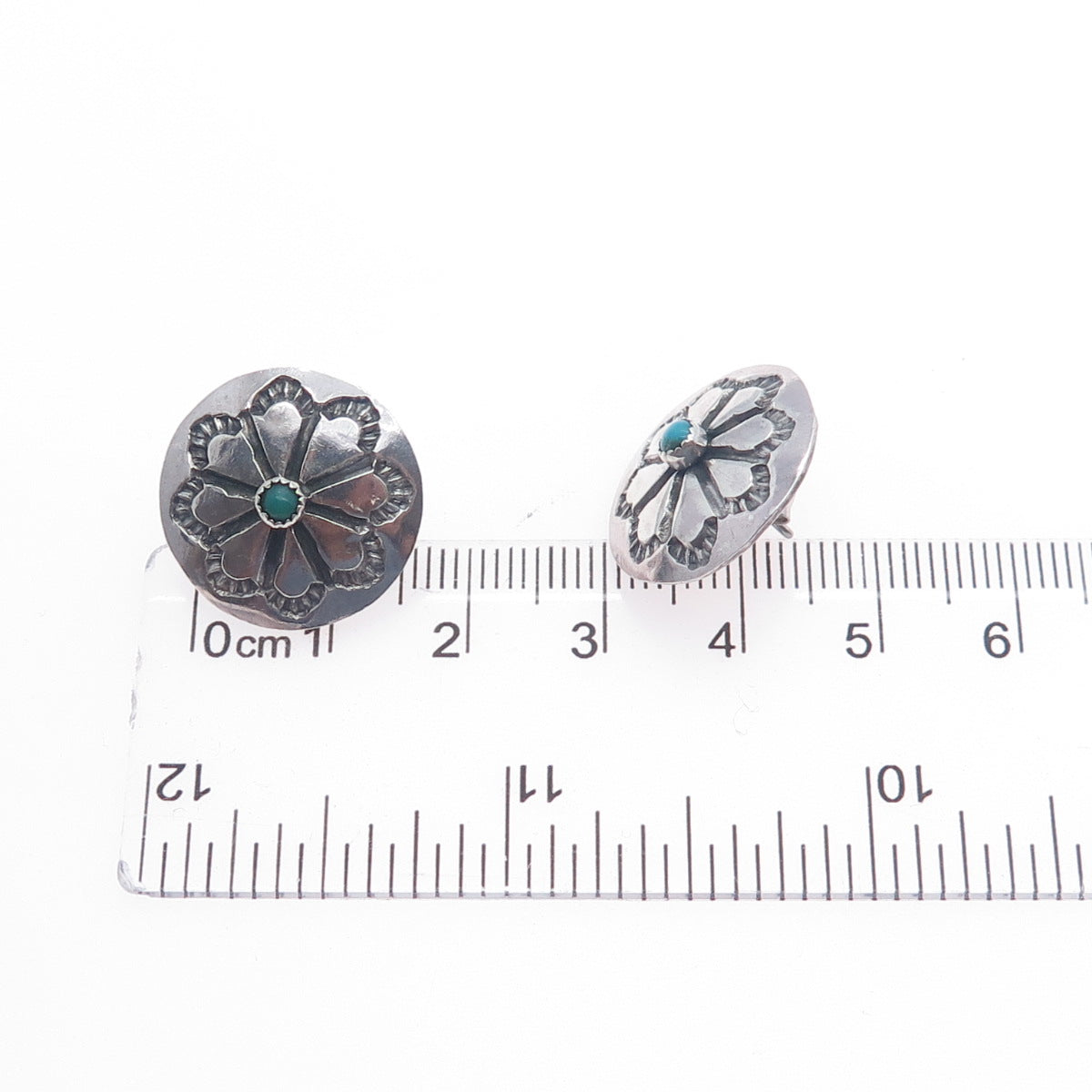 Old Pawn Sterling Silver Vintage Southwestern Turquoise Flower Concho Earrings
