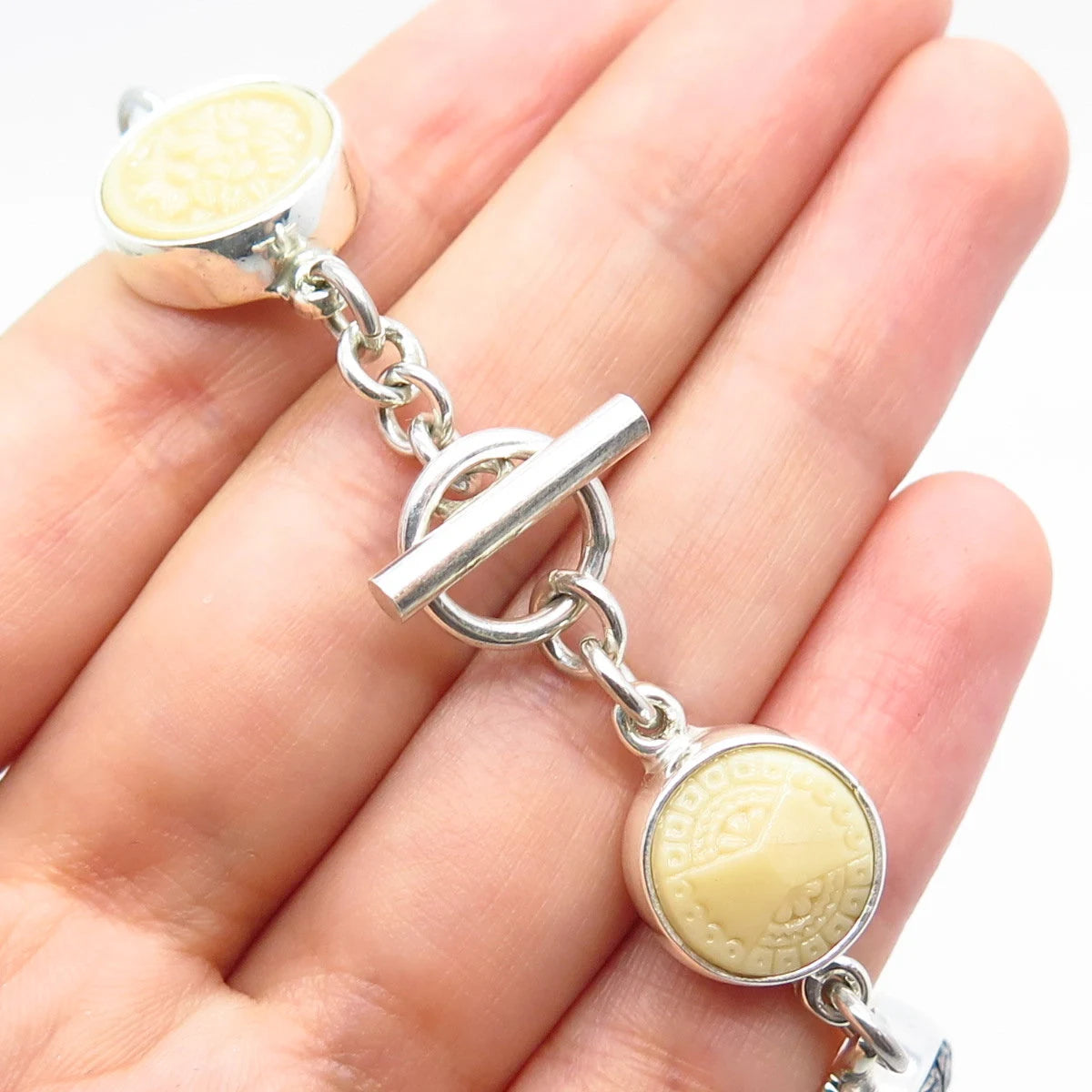 925 Sterling Silver Vintage Carved Ceramic & Glass Round Link Bracelet 6.75"