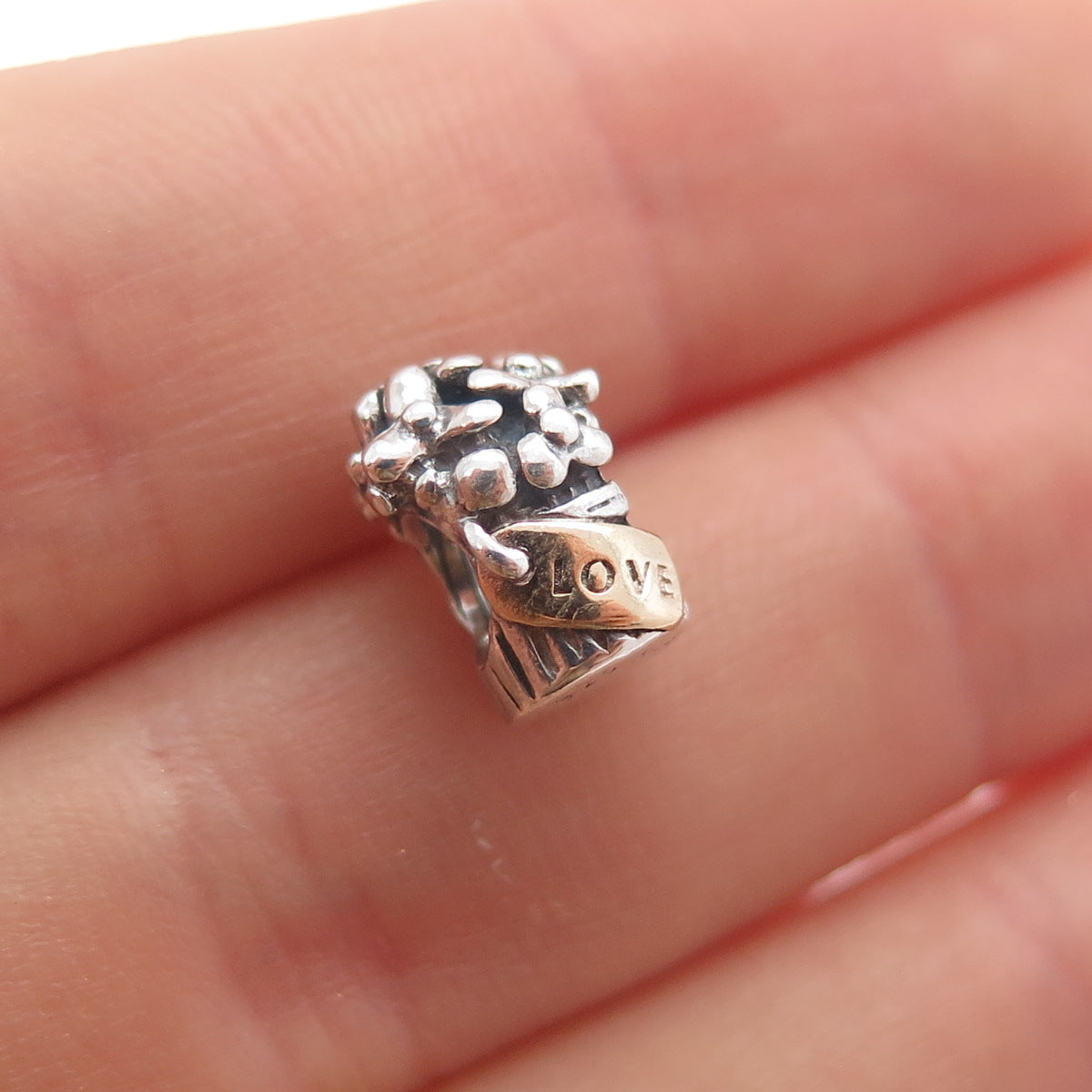 PANDORA 925 Sterling Silver & Gold Love Flower Bouquet Slide Bead Charm