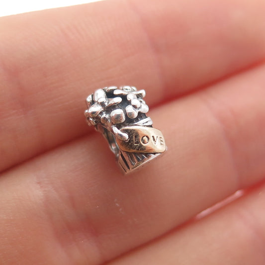 PANDORA 925 Sterling Silver & Gold Love Flower Bouquet Slide Bead Charm
