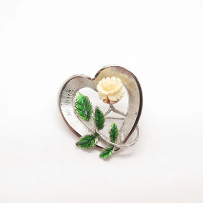 925 Sterling Silver Vintage BEAU Enamel Rose Floral Striped Heart Pin Brooch
