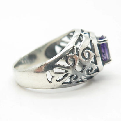 925 Sterling Silver Vintage Real Amethyst Gem Scroll Ring Size 6